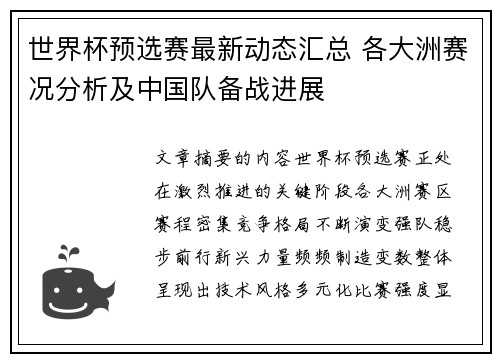 世界杯预选赛最新动态汇总 各大洲赛况分析及中国队备战进展 世界杯预选赛最新动态汇总 各大洲赛况分析及中国队备战进展