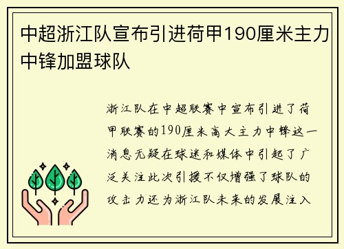 中超浙江队宣布引进荷甲190厘米主力中锋加盟球队 中超浙江队宣布引进荷甲190厘米主力中锋加盟球队