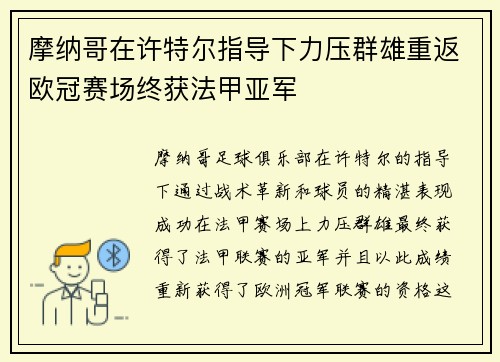 摩纳哥在许特尔指导下力压群雄重返欧冠赛场终获法甲亚军 摩纳哥在许特尔指导下力压群雄重返欧冠赛场终获法甲亚军