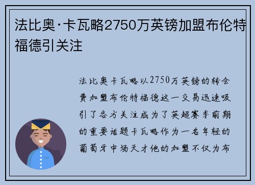 法比奥·卡瓦略2750万英镑加盟布伦特福德引关注